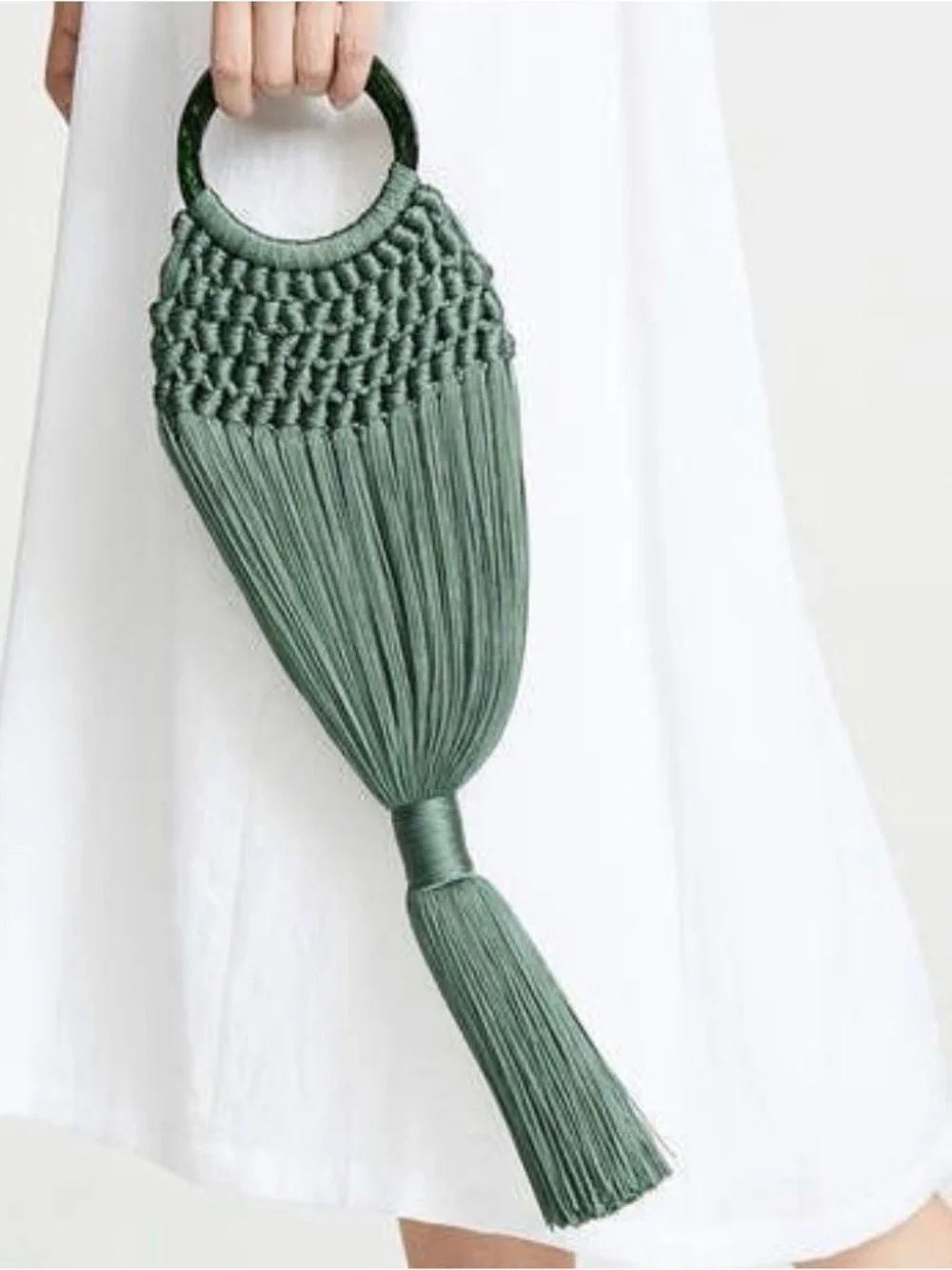 Cult Gaia Green Macrame Angelou Fringe Handbag with Ring Handle (rare) one size